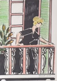 Public au balcon / Aquarelle et encre / 30 x 50