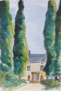 L'allée centrale du manoir / Aquarelle et encre / 30 x 50