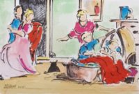 Famille et berceau / Aquarelle et encre / 50 x 30