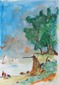 L'entrée de la plage / Aquarelle et encre / 30 x 50