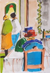 Duo au restaurant / Aquarelle et encre / 30 x 50