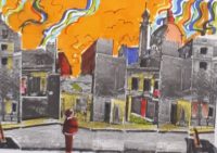 Le haut de la ville / Aquarelle, encre et collage / 50 x 30 