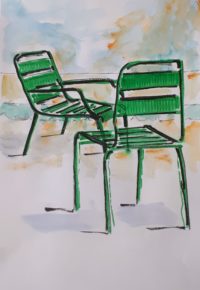 Les chaises du parc / Aquarelle et encre / 30 x 50