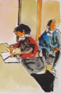 Travaux sous surveillance / Aquarelle et encre / 30 x 50 