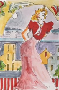 La pose / Aquarelle et encre / 30 x 50 
