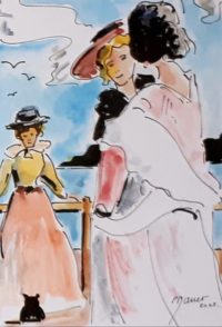 Trio au bord du lac / Aquarelle et encre / 30 x 50 