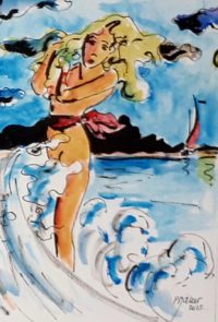 Les pieds dans la vague / Aquarelle et encre / 30 x 50 