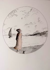 Marine en cercle / Aquarelle et encre / 30 x 50 