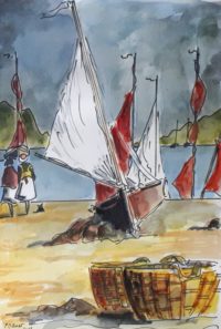 Sur le quai / Aquarelle et encre / 50 x 70