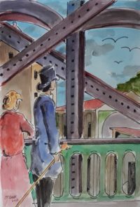 Duo sur le pont / Aquarelle et encre / 50 x 70
