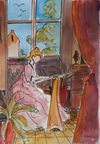 Au pupitre / Aquarelle et encre / 50 x 70