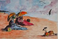 Duo sur la plage / Aquarelle et encre / 70 x 50 