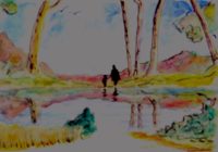 Sur la rive de l'étang / Aquarelle et encre / 70 x 50 