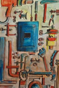 L'étal de l'atelier / Aquarelle et encre / 50 x 70 