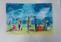 Activités diverses en plage / Aquarelle et encre / 70 x 50 