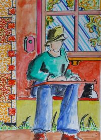 Le peintre sur le site / Aquarelle et encre / 50 x 70