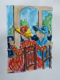 Conversation de copines / Aquarelle et encre / 50 x 70 