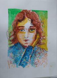 Le col bleu / Aquarelle et encre / 50 x 70 