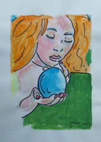 Jeune femme au globe bleu / Aquarelle et encre / 30 x 50 