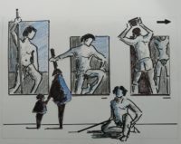 Poses académiques au musée 01 / Encre et aquarelle / 70 x 50 