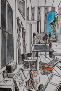Intérieur d'atelier 02 / Encre, aquarelle et collages / 50 x 70 