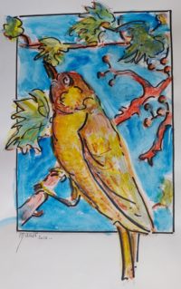 Le merle jaune / Peinture à l'œuf et pigments / 30 x 50 