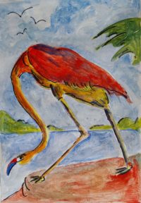 Le héron rouge / Peinture à l'œuf et pigments / 30 x 50 