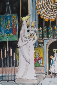 Au sein de la cathédrale / Aquarelle et encre / 50 x 70