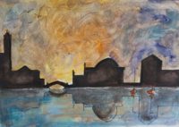 Le grand canal en soirée / Aquarelle et encre / 70 x 50 