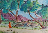 La promenade du bourg  / Aquarelle et encre /  70 x 50 