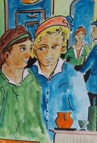 Les deux amies au comptoir / Aquarelle et encre / 50 x 70