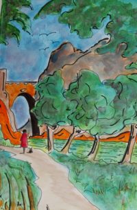 Sur le chemin du viaduc / Aquarelle et encre / 50 x 70