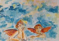 Les anges en attente / Aquarelle et encre / 70 x 50 