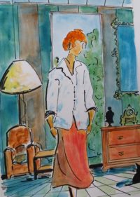 Seule au salon / Aquarelle et encre / 50 x 70