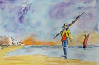 Retour de pèche à pieds  / Aquarelle et encre /  70 x 50 