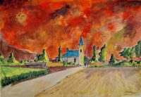 L'entrée du bourg au coucher  / Aquarelle et encre /  70 x 50 