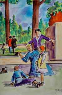 Les quatre au parc / Aquarelle et encre / 50 x 70 