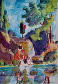 Lavandières au travail  / Aquarelle et encre  /  50 x 70 